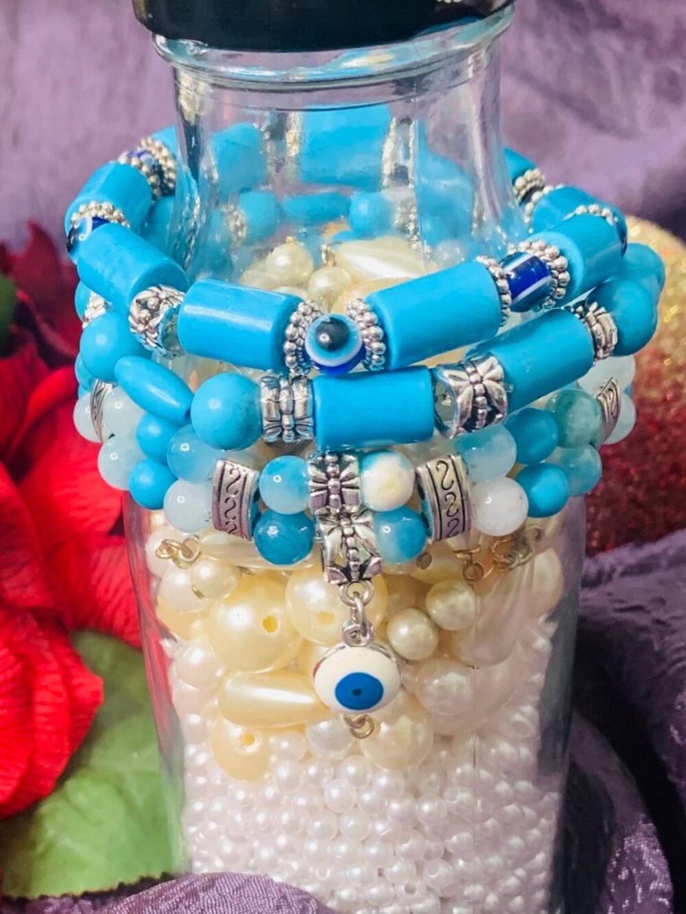Evil Eye Charm, Blue Wagnerite, Jade, Howlite & Pewter Bracelet Set